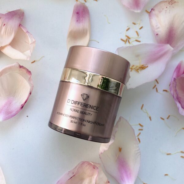 D'DIFFERENCE 6D Royal Beauty Night Cream jar in pink on a white and pink rose petal background