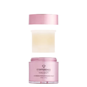 D'DIFFERENCE Royal Beauty Advanced Perfection Day Cream jar, metallic pink with a translucent lid and cream visible, 30 ml. Package of refill popping our of the original jar.