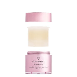 Image of D'DIFFERENCE Royal Beauty Advanced Perfection Night Cream jar, similar metallic pink design with night cream visible, 30 ml. Package of refill popping our of the original jar.