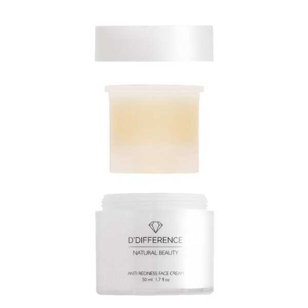 Image of D'DIFFERENCE Natural Beauty Anti-Redness Face Cream with the package of refill popping out of the white jar, metallic silver cap, 50 ml.