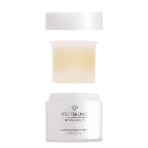Image of D'DIFFERENCE Natural Beauty Moisturizing Day Cream with a refill pack halfway out of the white jar, completed with a silver-white cap, 50 ml.