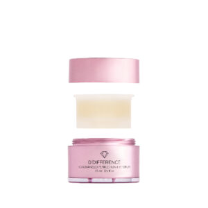 Image of D'DIFFERENCE Royal Beauty Advanced Perfection Eye Serum jar, a smaller metallic pink container with a refill cream in the middle jar, 15 ml. Package of refill popping our of the original jar.