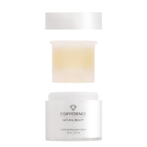 Image of D'DIFFERENCE Natural Beauty Nourishing Night Cream with the package of refill emerging from the white container, silver lid on top, 50 ml.