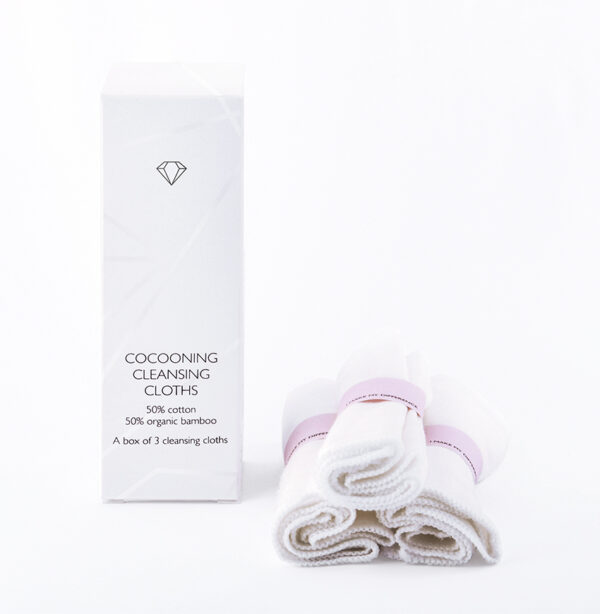 Three delicate organic bamboo and cotton cleansing cloths, wrapped, ddifference, two phase cleaning, oily, clean, ddifference, diamond, white