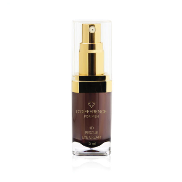 D'DIFFERENCE For Men 4D Rescue Eye Cream airless brown color with golden pump and transparent cap.