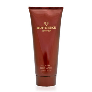 Photo of a metallic brown color plastic tube of D'DIFFERENCE For Men series shampoo "All Over Body Wash" 200 ml.