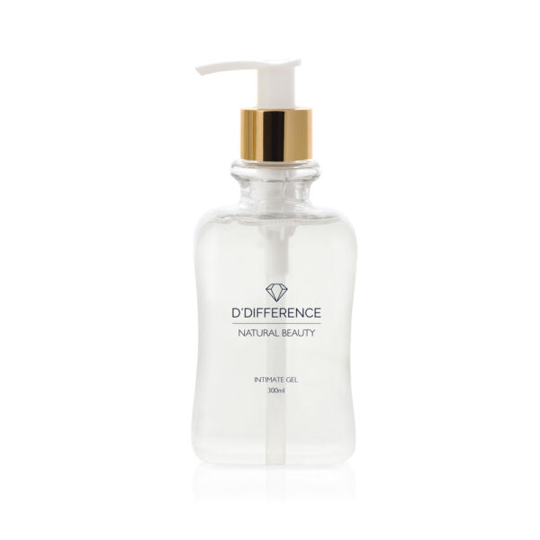 A 300 ml bottle of D'DIFFERENCE essential natural beauty Intimage Gel with a golden pump.