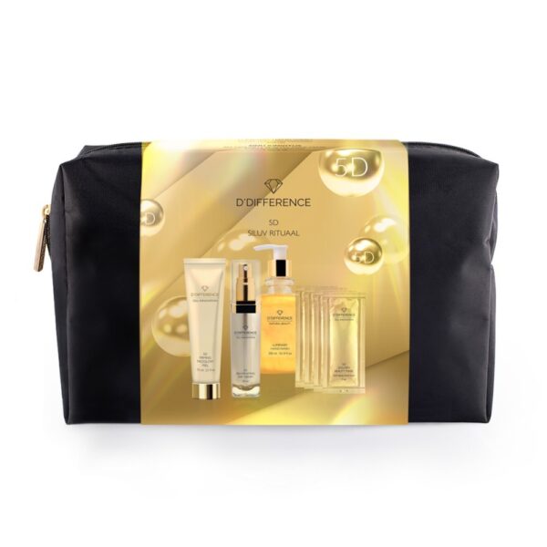 DDIFFERENCE 5D Cell Innovation Golden Ritual set with 5 products - Firming Faceglow Peel, anti-ageing 5D Rejuvenating Day Cream, 4D Luminary hand Wash soap gel with golden glitter and 5D Golden Face Masks with revitalizing and cell rejuvenating fresh effect and golden mica powder.