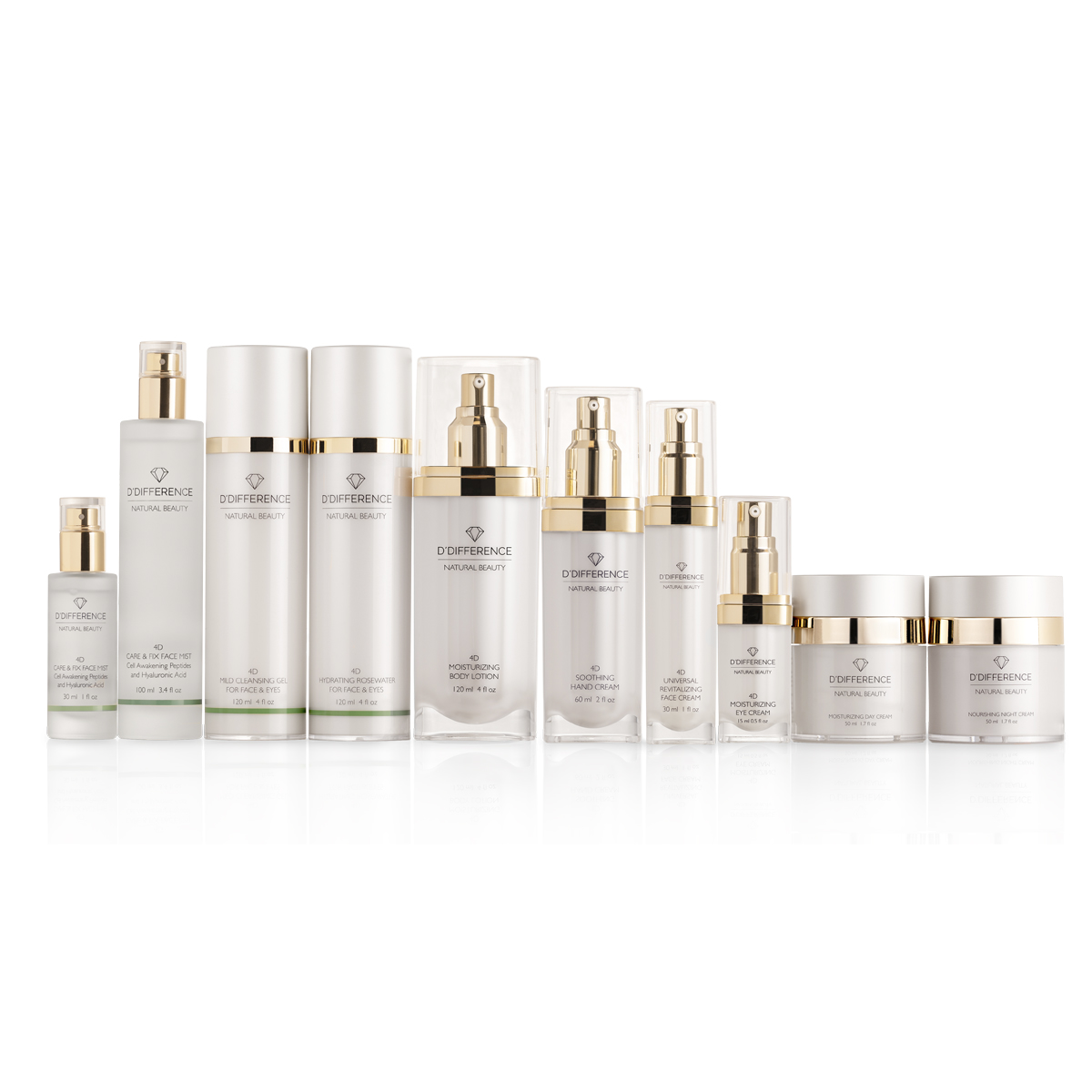 Collection photo of 1 DDIFFERENCE 4D Natural Beauty skincare products in various fancy acrylic, glass and pump bottles. 