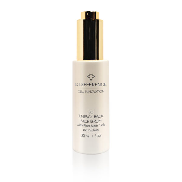 D'DIFFERENCE 5D Energy Back Face Serum bottle, a sleek white container with golden accents, labeled with 'Plant Stem Cells and Peptides', 30 ml size.