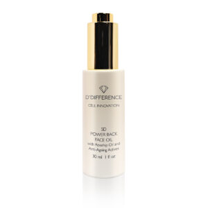 D'DIFFERENCE 5D Power Back Face Oil bottle, a minimalist white bottle with gold cap, labeled 'With Rosehip Oil and Anti-Ageing Actives', 30 ml volume.
