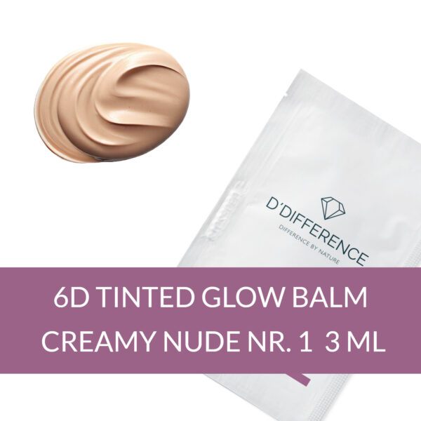 Picture of DDIFFERENCE Tinted Glow Balm BB cream sample pack with a blob of the color in creamy nude shade