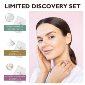 Discovery set promo picture with a model and 3 products from D'DIFFERENCE skincare